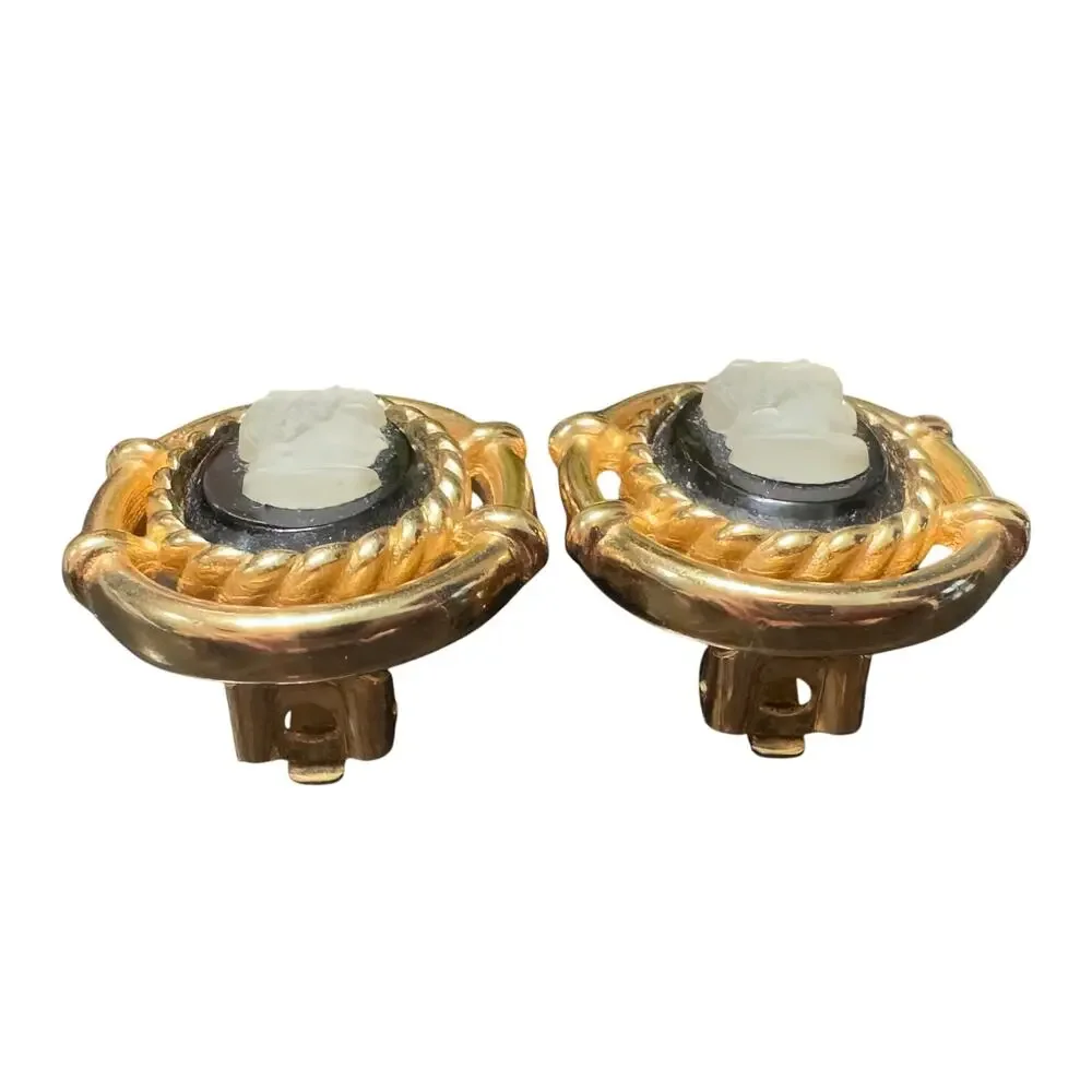 Auth. Vintage Burberry Gold Tone Chunky Cameo Earrings EUC